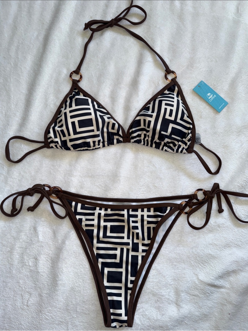 Cupshe Black and Cream Geometric String Bikini with Brown Trim